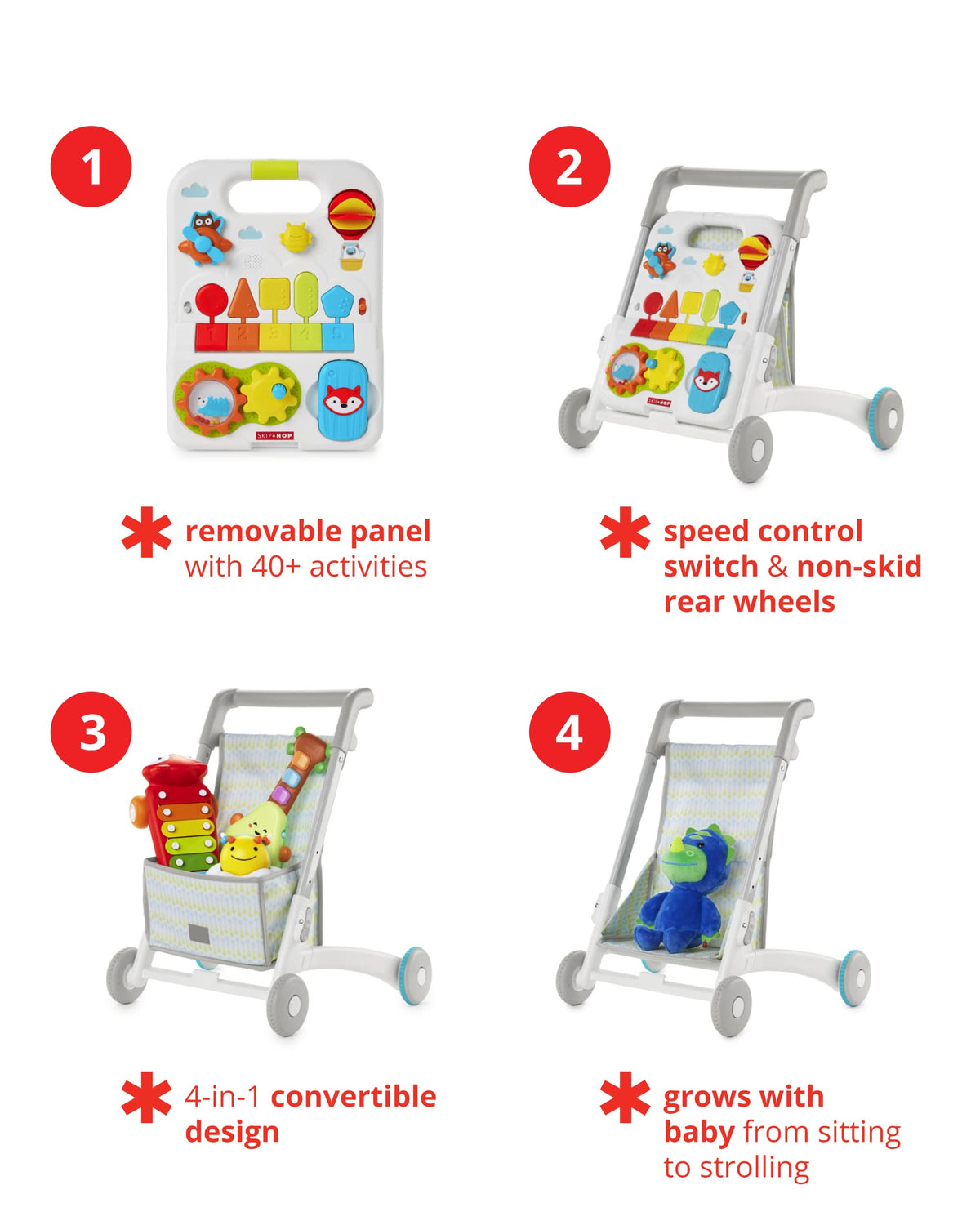 Skip Hop Baby Walker 4-in-1 Sit to Stand Convertible Light Up Walker with 40+ Activities Explore &