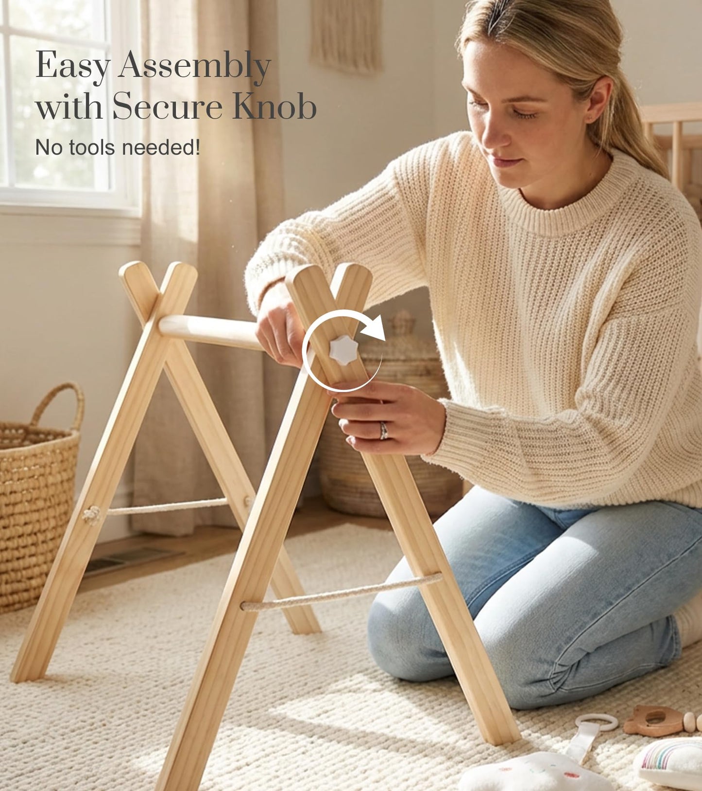 Mallify Wooden Baby Gym with 6 Gym Toys, Foldable Baby Play Gym, Natural Pine Wood Play Gym, Frame