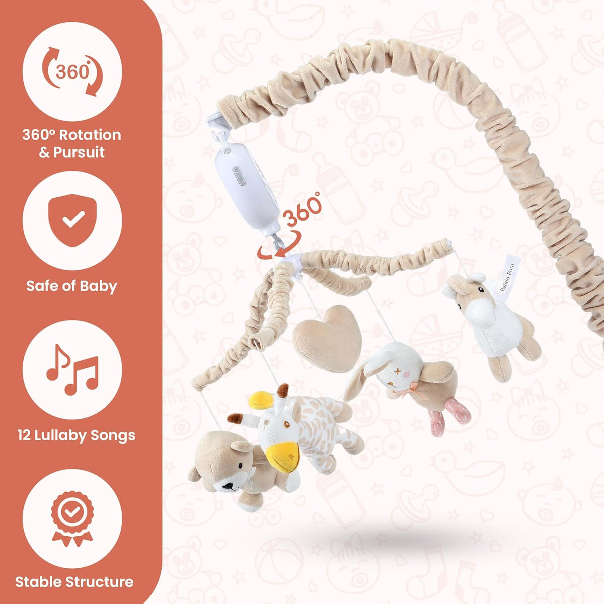 Musical Crib Mobile with 12 Lullabies, Rotating Arm and Detachable Plush Toys, Unisex Clip On