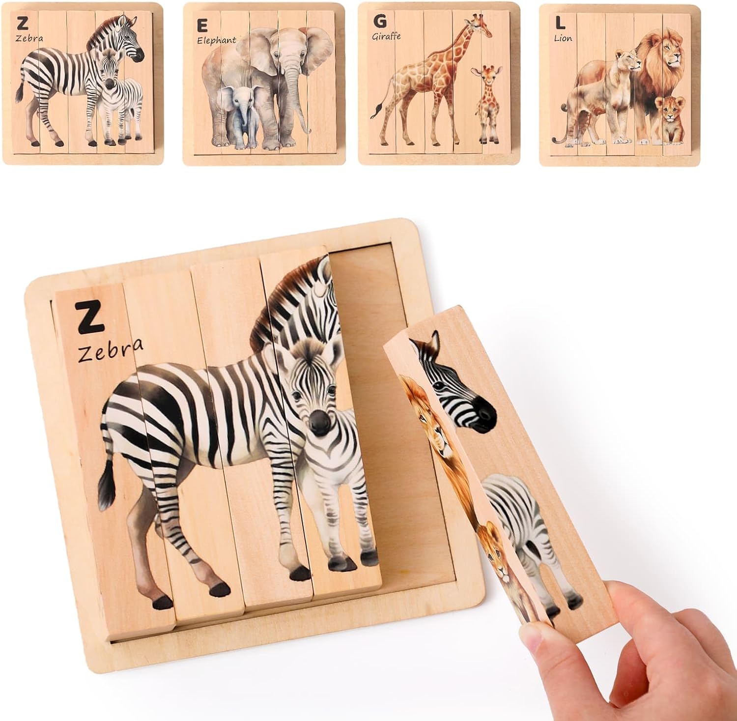 IEATFO 4 in 1 Wooden Animal Chunky Puzzle, 5 Solid Wood Puzzle Blocks with 4 Sides Realistic Safari