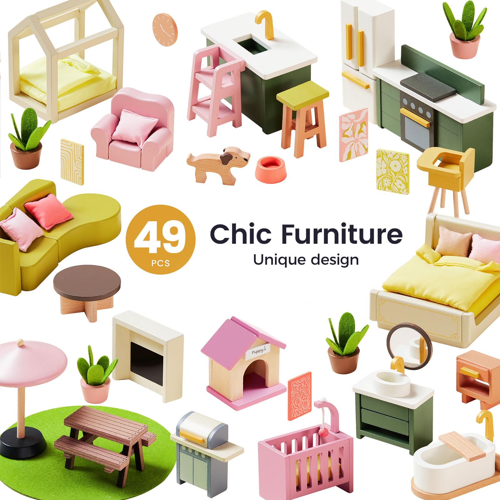 Tiny Land Wooden Doll House, Modern Family Dollhouse with Realistic Design