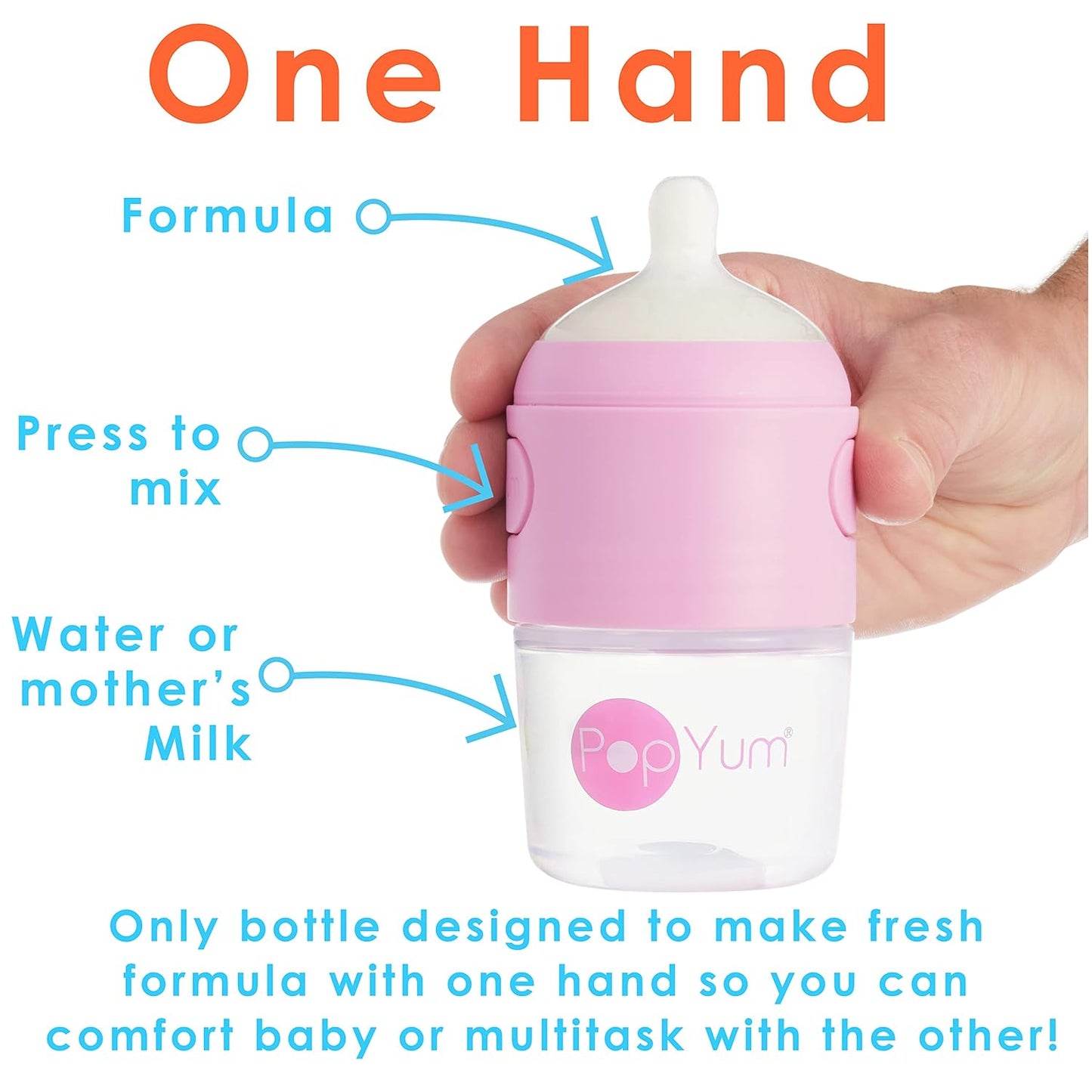 PopYum 5 oz Pink Anti-Colic Formula Making/Mixing/Dispenser Baby Bottles, 2-Pack with #1 Slow Flow
