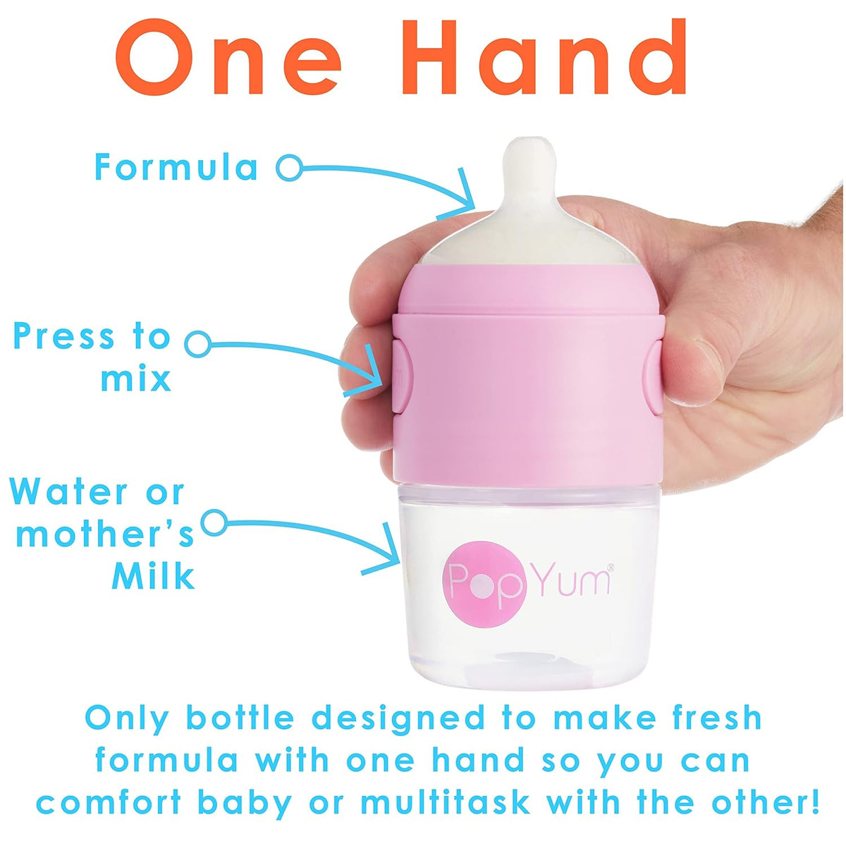 PopYum 5 oz Pink Anti-Colic Formula Making/Mixing/Dispenser Baby Bottles, 2-Pack with #1 Slow Flow