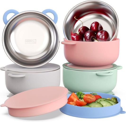 Baby Suction Bowls with Lids 4-Pack, 2-in-1 Stainless Steel 304 Toddler Bowl & Removable Silicone