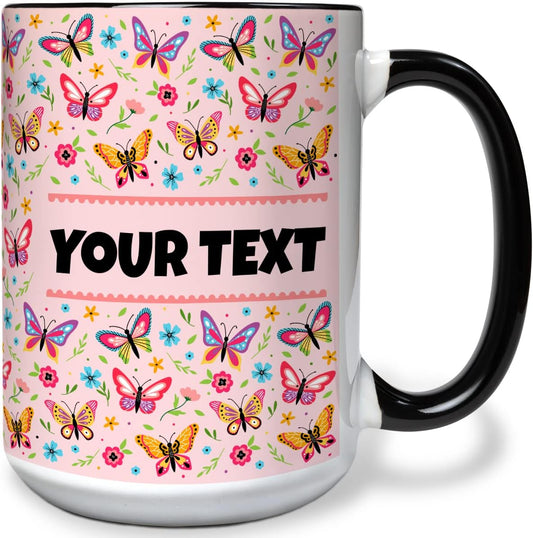 Personalized Mug for Kids - Butterflies - Custom Name/Text, Ceramic Hot Chocolate/Cocoa/Coffee Cup
