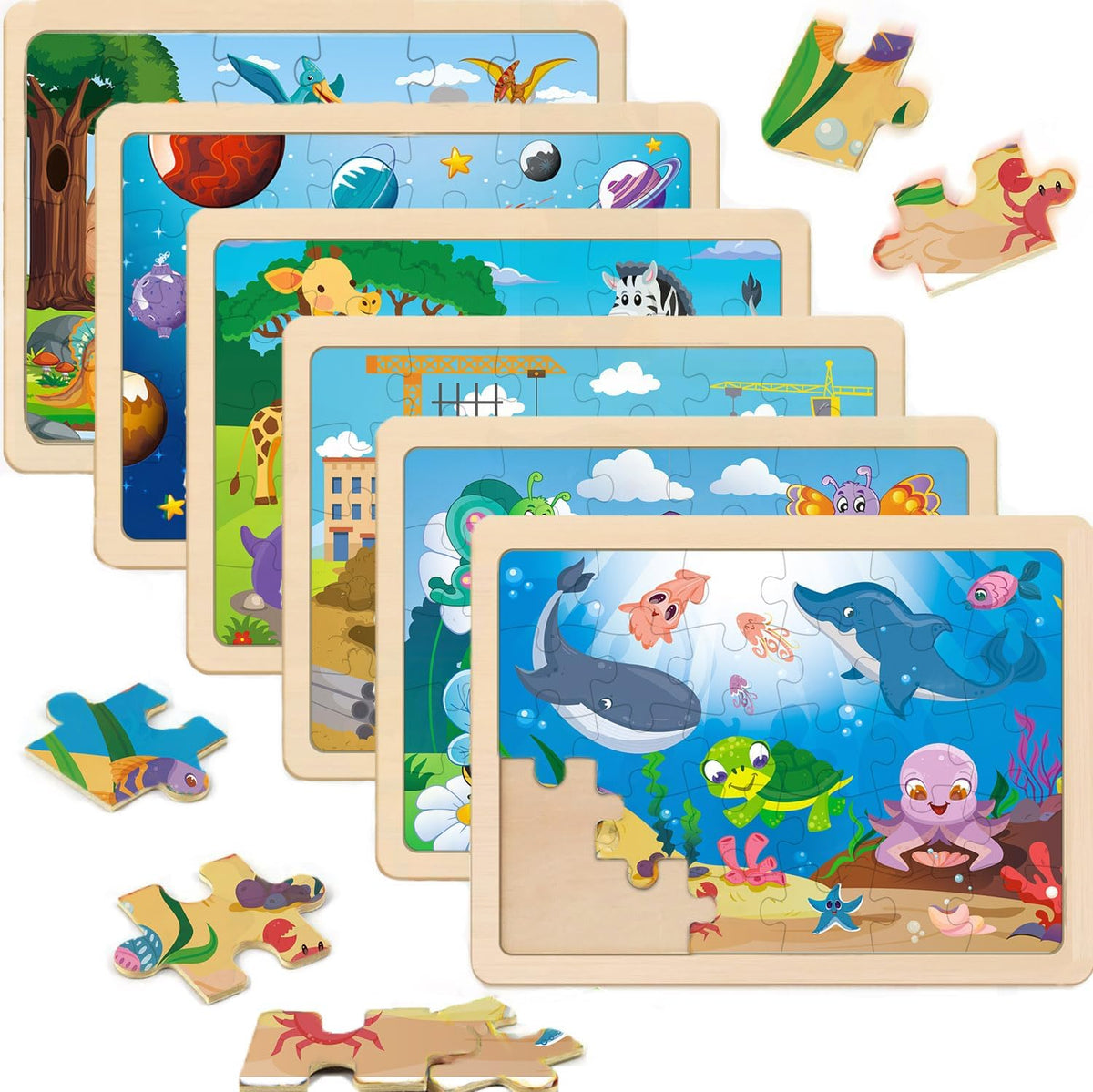 Wooden Puzzles for Kids Ages 4-6, 6 Packs 30 PCs Jigsaw Puzzles for Kids Ages 3-5 | 4-8, Wooden