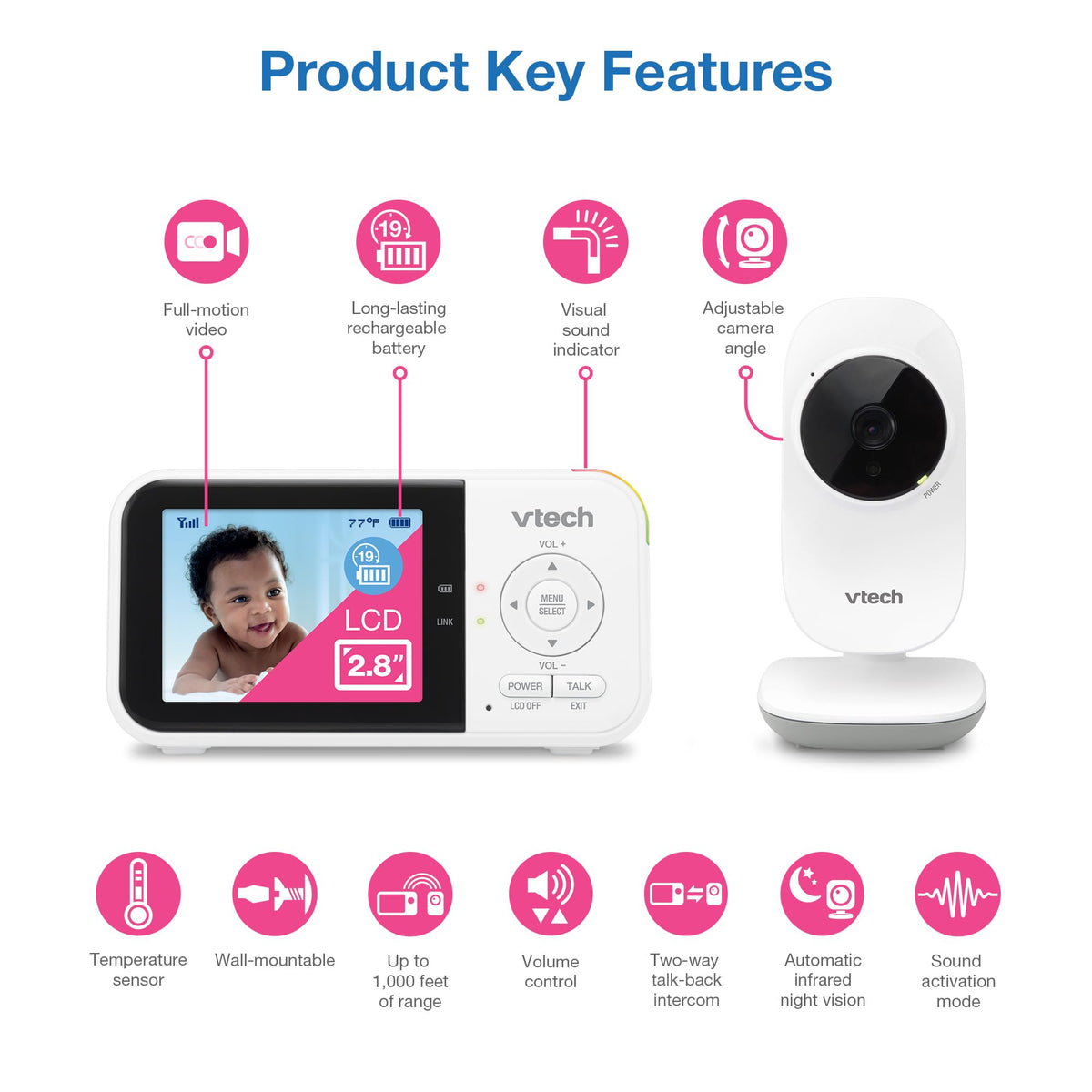 VTech Baby Monitor No WiFi – 19Hr Video Battery, 1000ft Range, Night Vision, Two-Way Talk