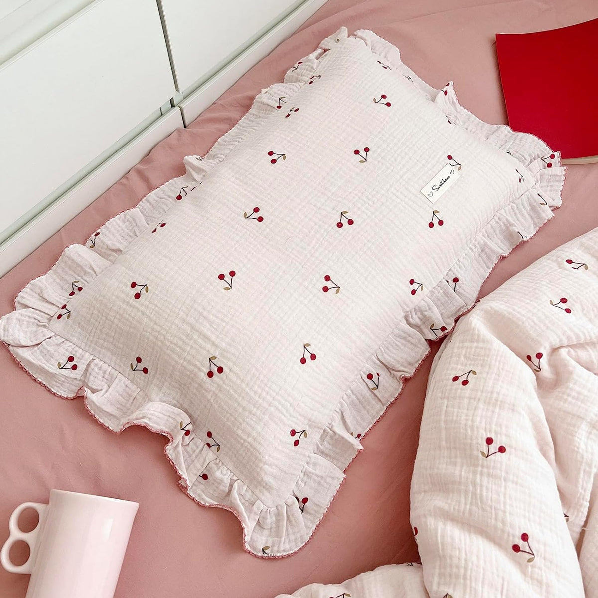 BuLuTu Cotton Muslin Kids Toddler Pillowcase Cherry Pattern, Soft Travel Pillow Ruffle Edge Nursery