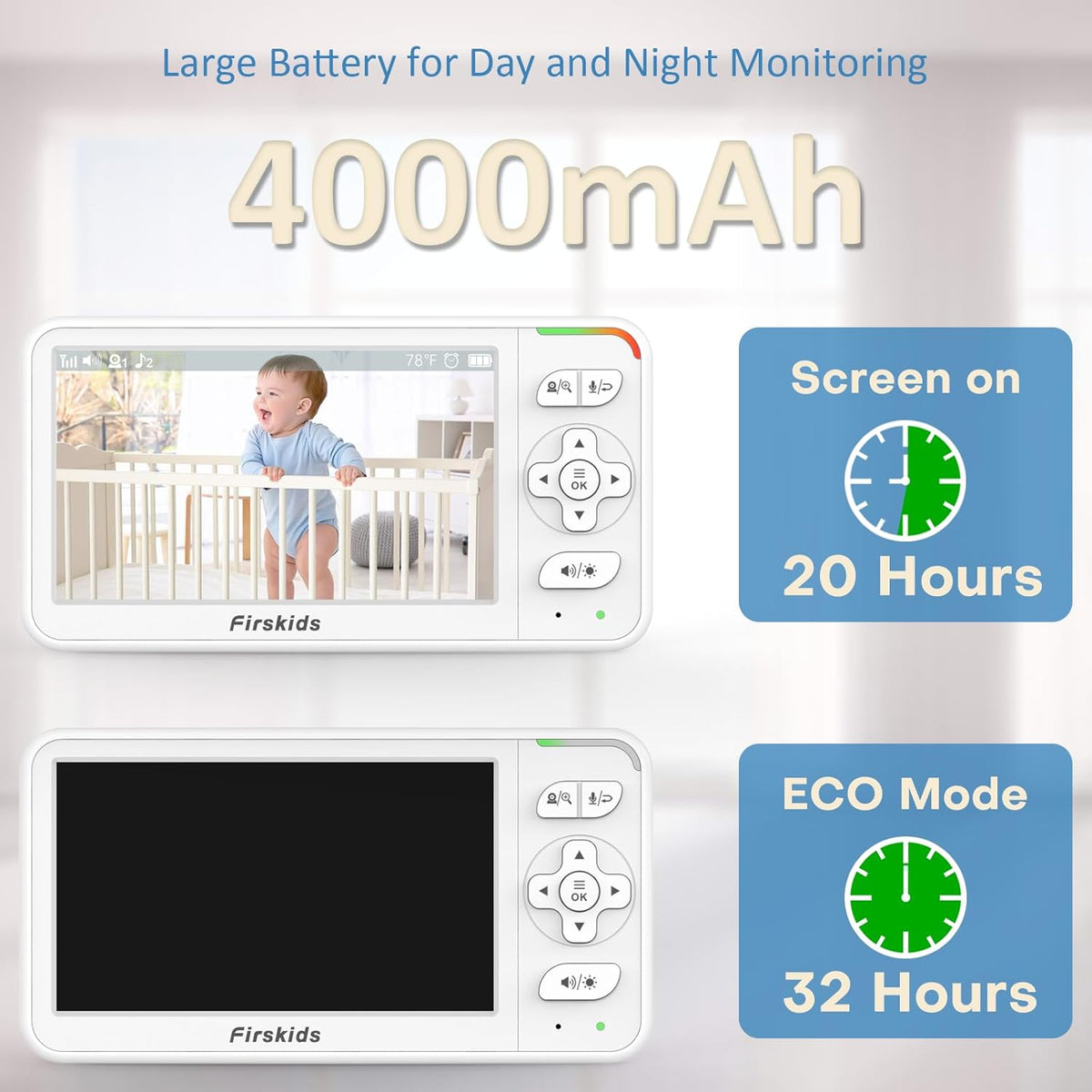 Baby Monitor with 2 Cameras, 5” Video Baby Monitor with Dual Camera and Audio no WiFi, 32-Hour