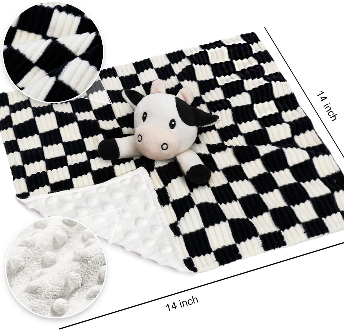 Cow High Contrast Baby Security Blanket for Babies, Soft 3D Checkerboard Lovey with Minky Dot