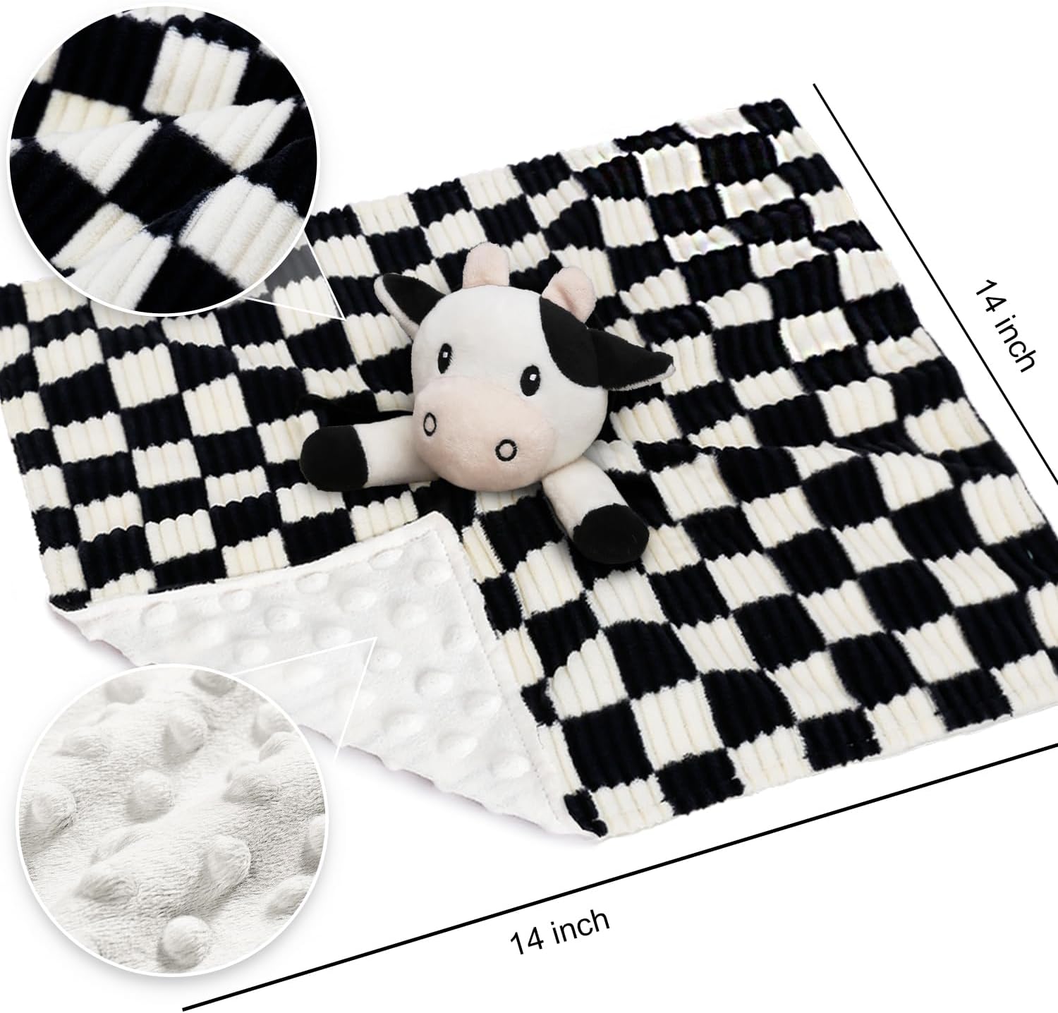 Cow High Contrast Baby Security Blanket for Babies, Soft 3D Checkerboard Lovey with Minky Dot