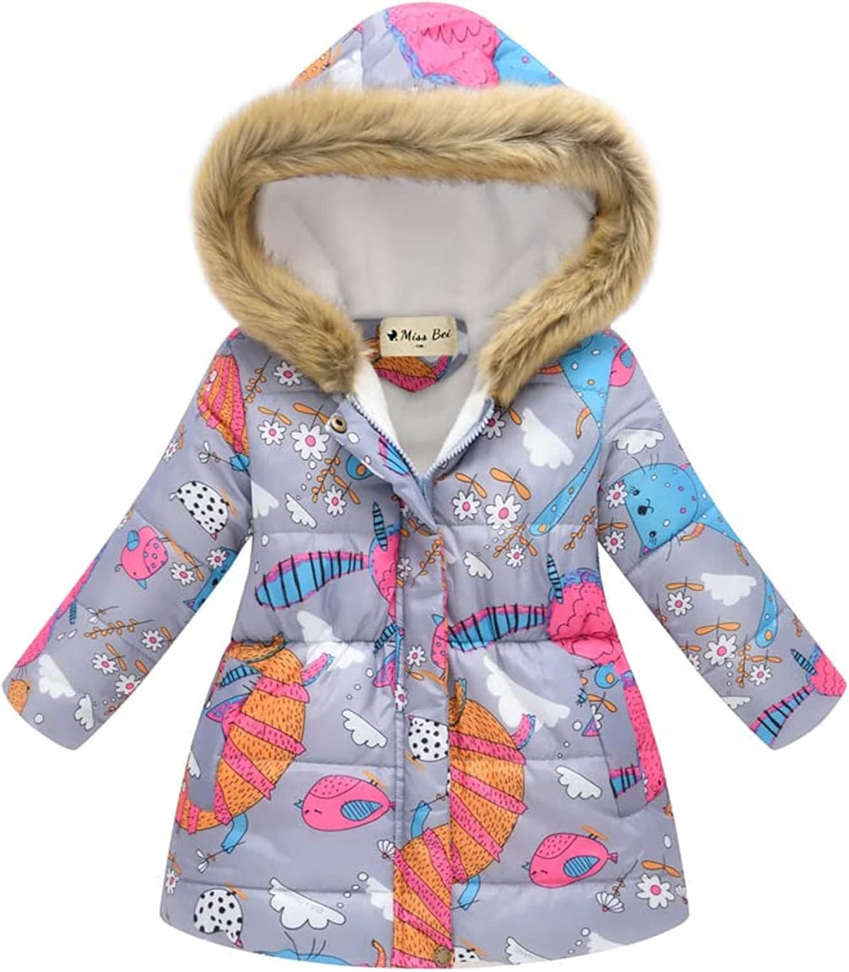 Miss Bei Girl's Winter Coat Jacket Hooded Kids Toddler Flower Print Parka Outwear Warm Cotton