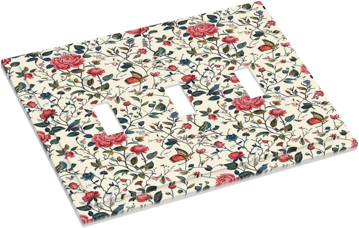 Decorative Switch Plates Vintage Flowers Rose Leaf Bird Butterfly 3 Gang Wall Plate Triple Toggle