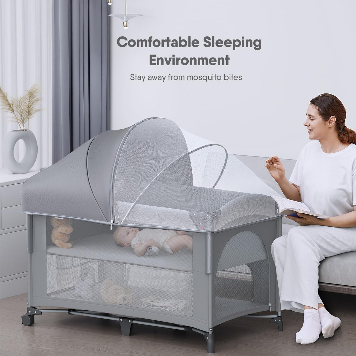 4 in 1 Baby Bassinet, Pack and Play, Bedside Crib Sleeper, Diaper Changer - Comes with Mattress