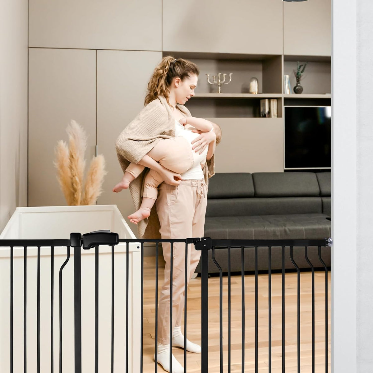 Extra Wide Baby Gate for Stairs Doorways with Door, 30" Tall 57.1-66.5" Wide Easy Install Dog Gate