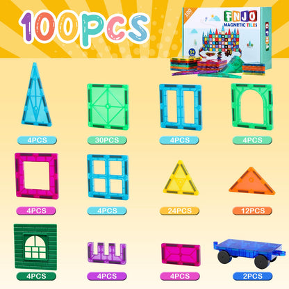 FNJO Magnetic Tiles, 100PCS Building Blocks, STEM Magnets Building Toy Set, Preschool Kindergarten