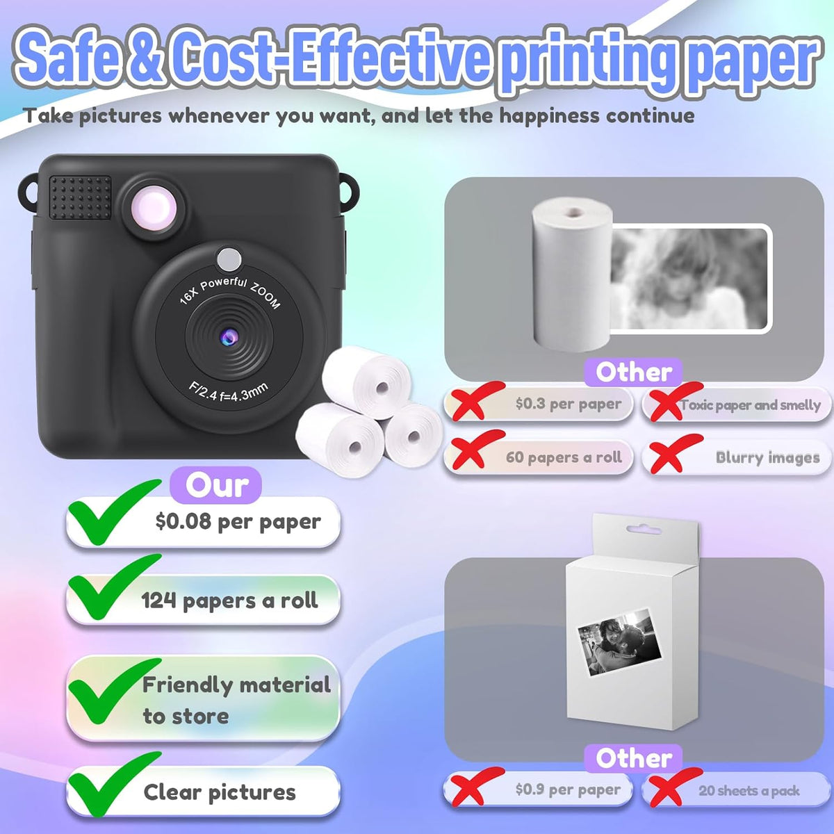 Kids Camera Instant Print, Christmas Birthday Gifts for Kids Age 3-12, Selfie Digital Camera with