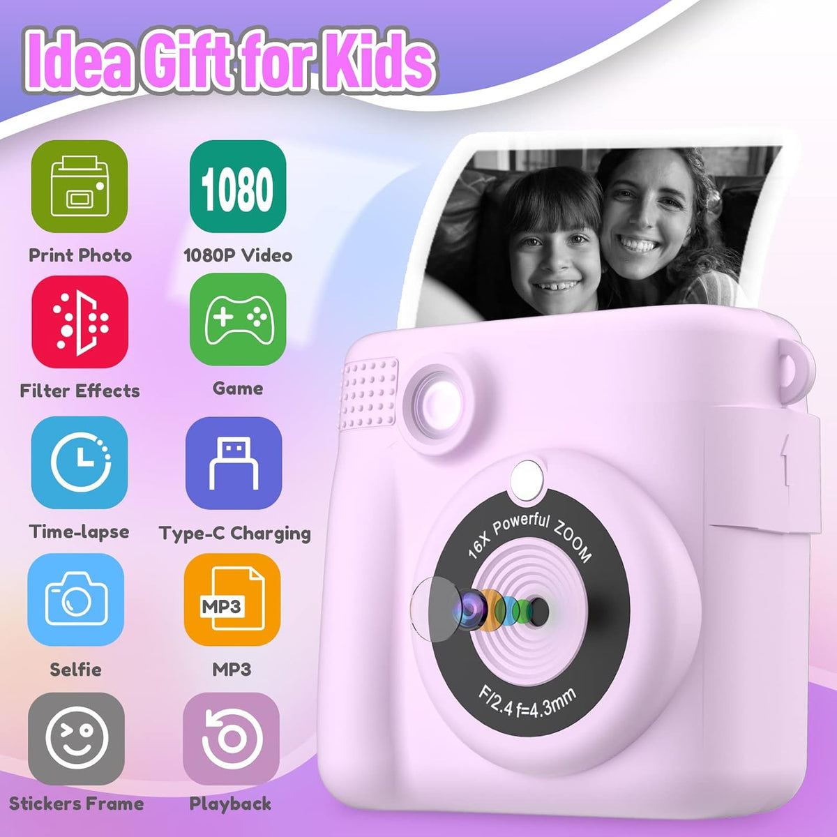 Instant Print Camera for Kids, Christmas Birthday Gifts for Girls Boys, HD Digital Video Cameras