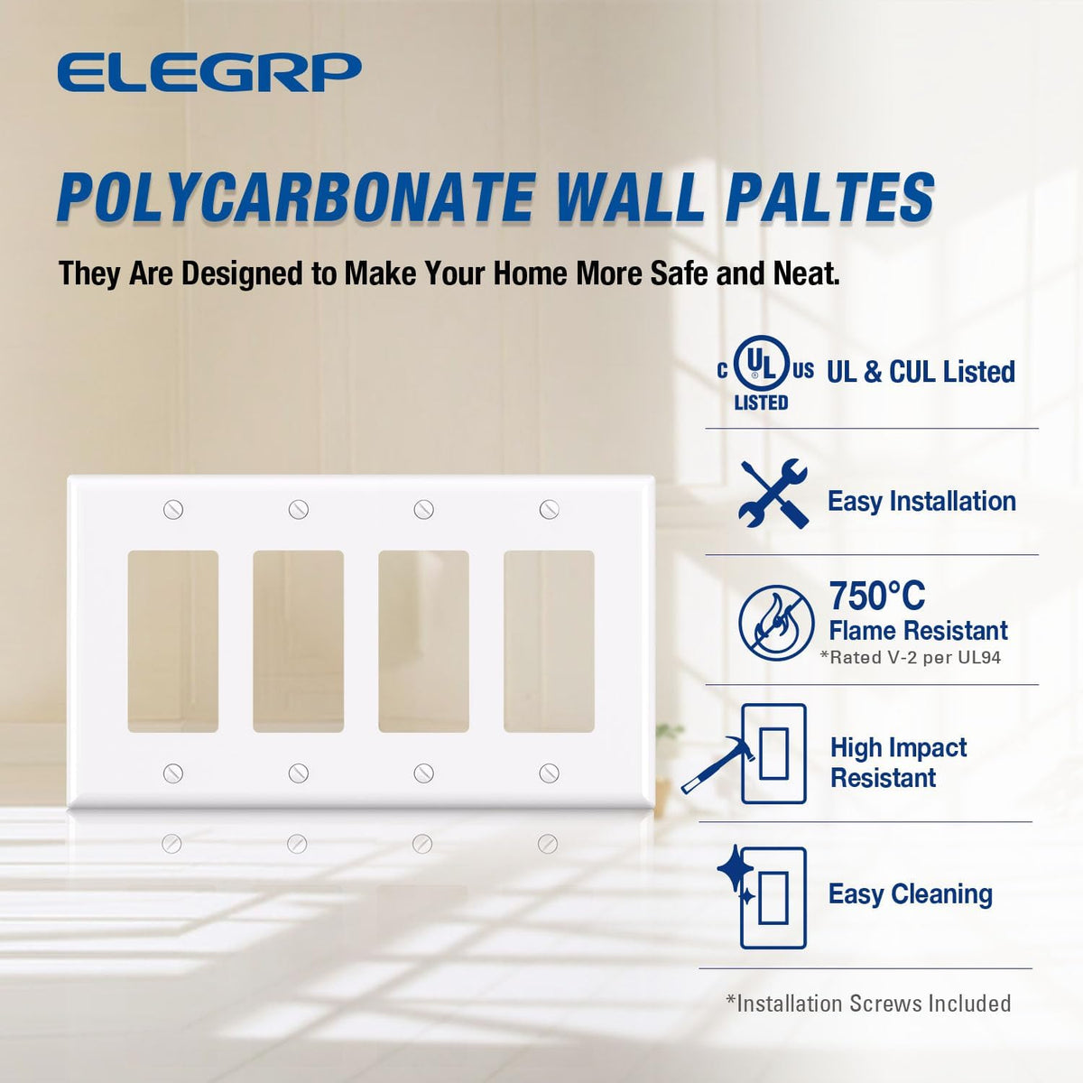 ELEGRP 4-Gang Decorative Wall Plates, Mid-Size 4.88" H x 8.57" L Unbreakable Thermoplastic
