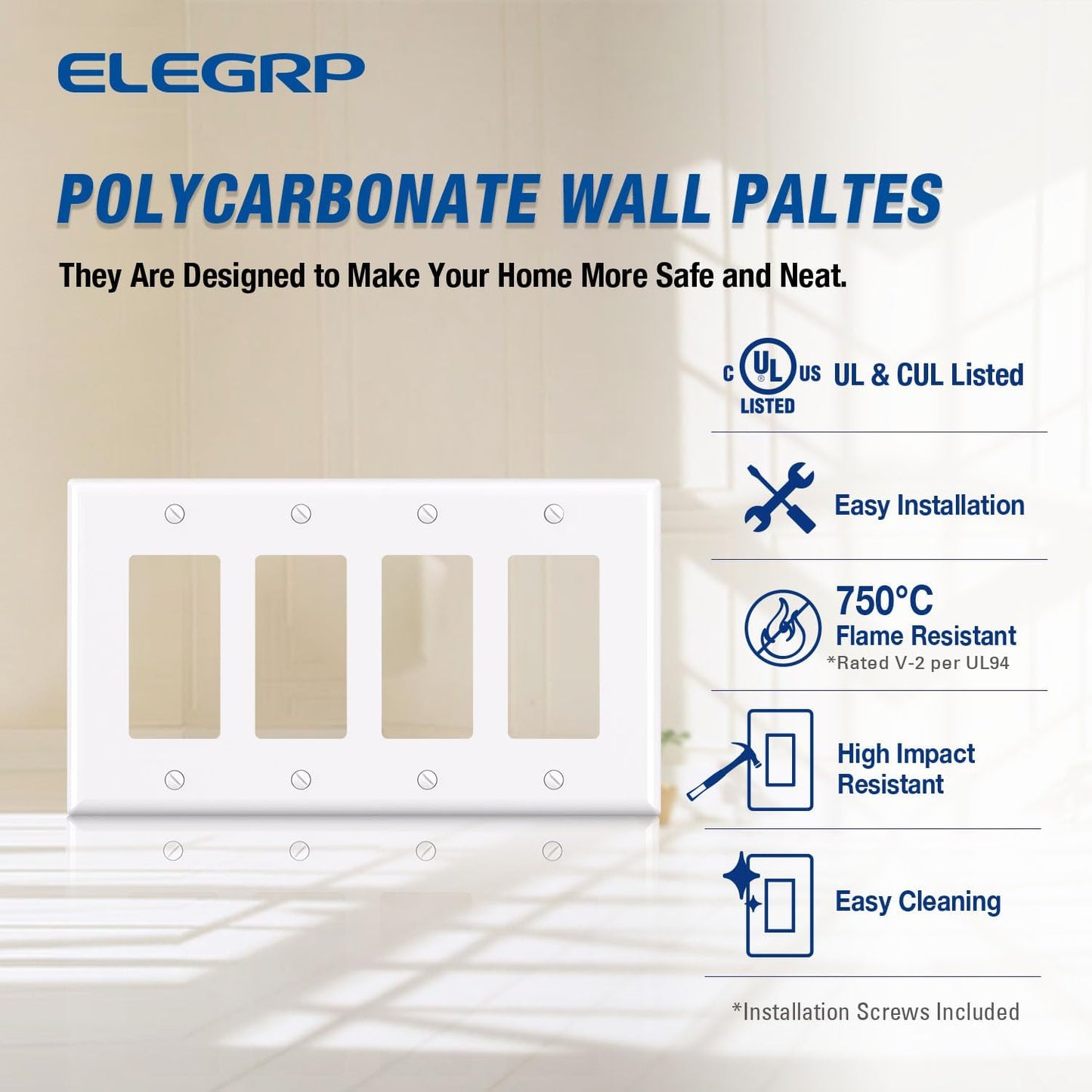 ELEGRP 4-Gang Decorative Wall Plates, Mid-Size 4.88" H x 8.57" L Unbreakable Thermoplastic