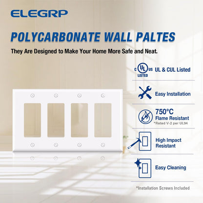 ELEGRP 4-Gang Decorative Wall Plates, Mid-Size 4.88" H x 8.57" L Unbreakable Thermoplastic