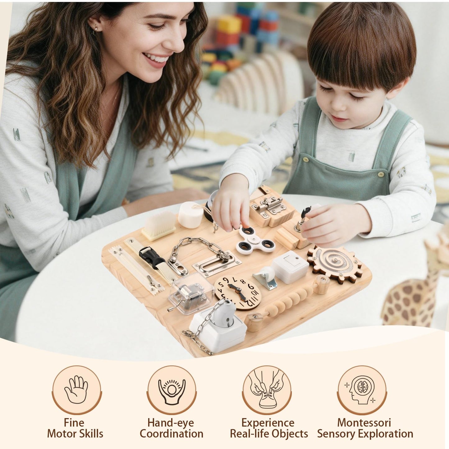 Potatomato Wooden Montessori Large Busy Board for Toddlers and Kids – Sensory Activity Board Toy