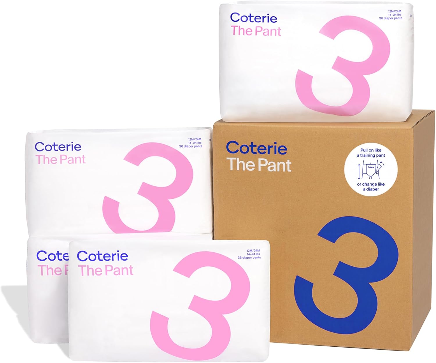 Coterie The Pant, Size 3, Pull Up Style Diapers for Sensitive Skin, Hypoallergenic, Super Absorbent