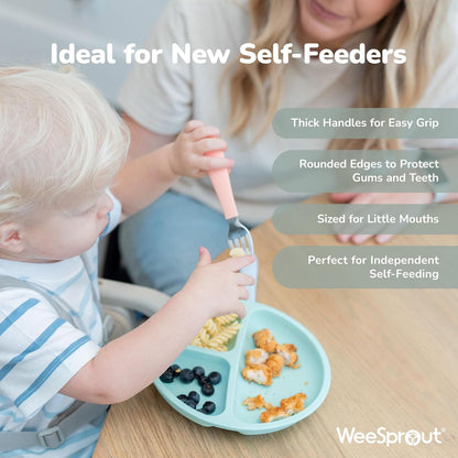 WeeSprout Toddler Utensils, 3 Forks & 3 Spoons, 18/8 Stainless Steel & Food Grade Silicone, Thick