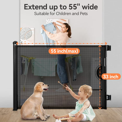 COMOMY Retractable Baby Gate for Stairs, 0-55" Mesh Dog Gate for House Doorways Hallways, 33" Tall