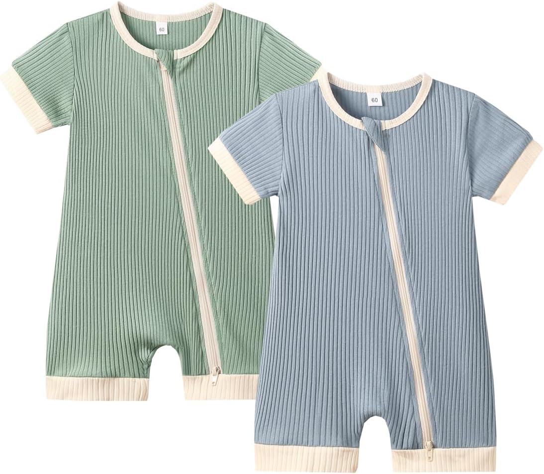 Bafeicao Unisex Baby Boy Girl 2 Pack Rompers Short Sleeve 2 Way Zipper One Piece Jumpsuits Clothes