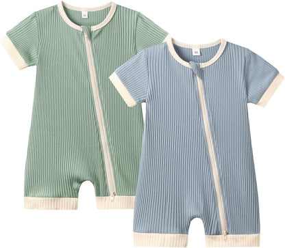 Bafeicao Unisex Baby Boy Girl 2 Pack Rompers Short Sleeve 2 Way Zipper One Piece Jumpsuits Clothes