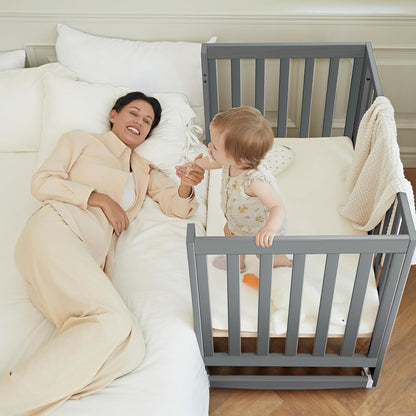 EvoNest Baby Crib, 11 in 1 Convertible Mini Crib with Wheels, 100% New Zealand Wood Growing Bed, 4