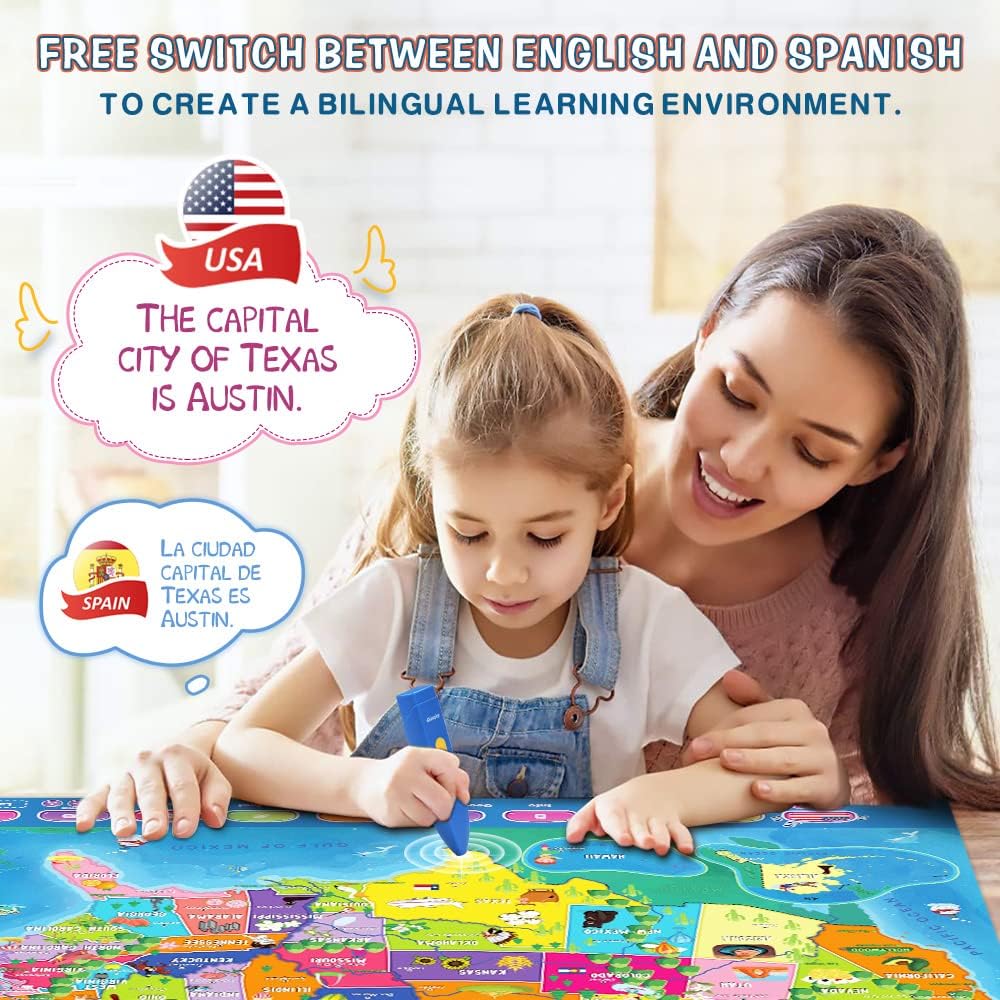 Bilingual Interactive for Kids Talking USA Map for Kids Learning, Geography Toys Games Educational