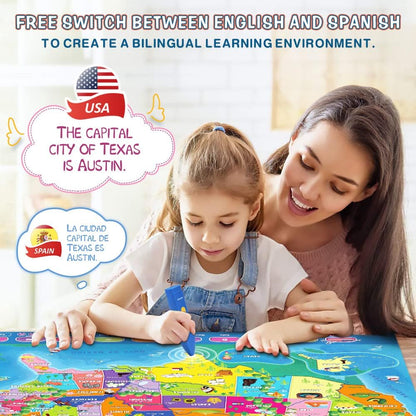 Bilingual Interactive for Kids Talking USA Map for Kids Learning, Geography Toys Games Educational