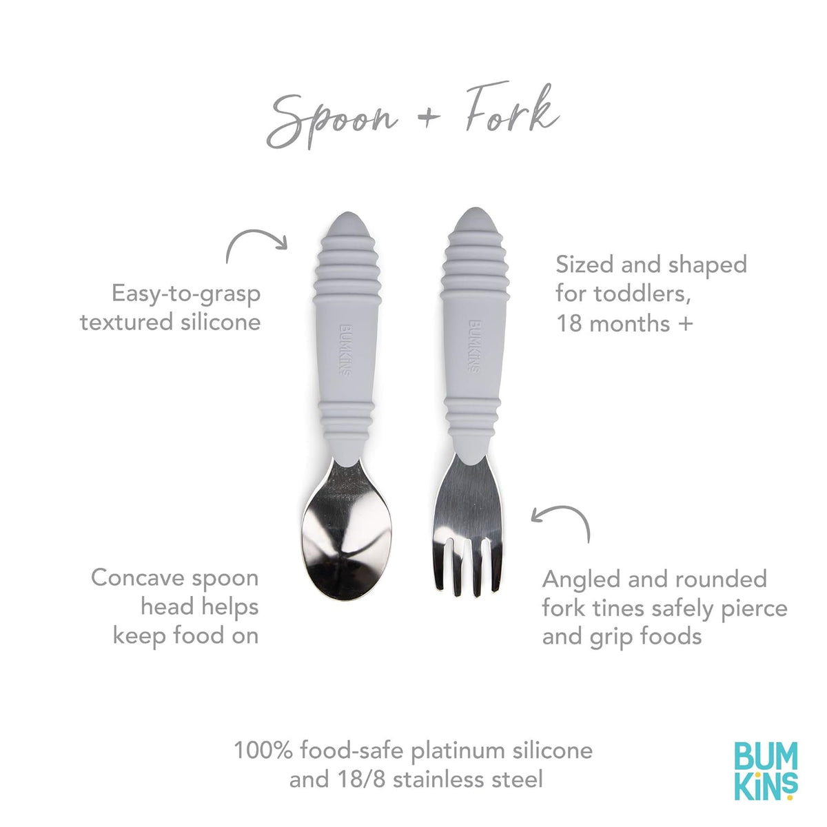 Bumkins Toddler Utensils, Kids Size Fork and Spoon Set, Silicone and Stainless-Steel Training