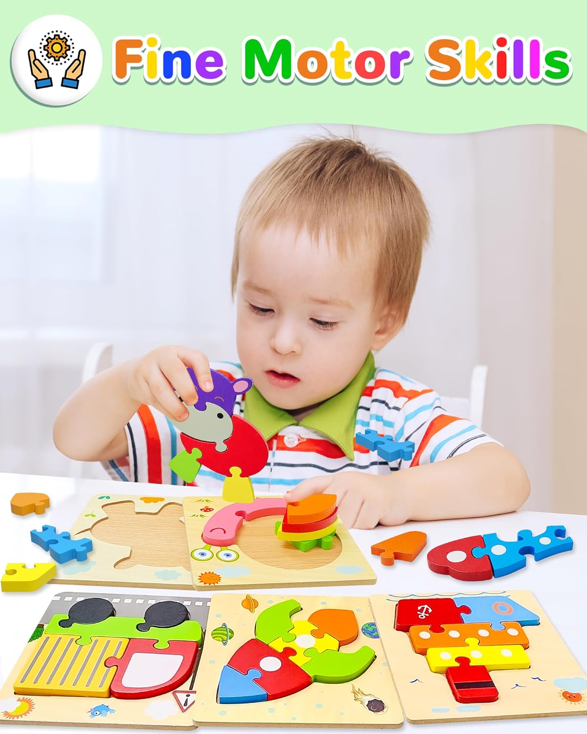 Yetonamr Wooden Toddler Puzzles Gifts Toys for 1 2 3 Years Old Boys Girls, 8 Vehicle Shape
