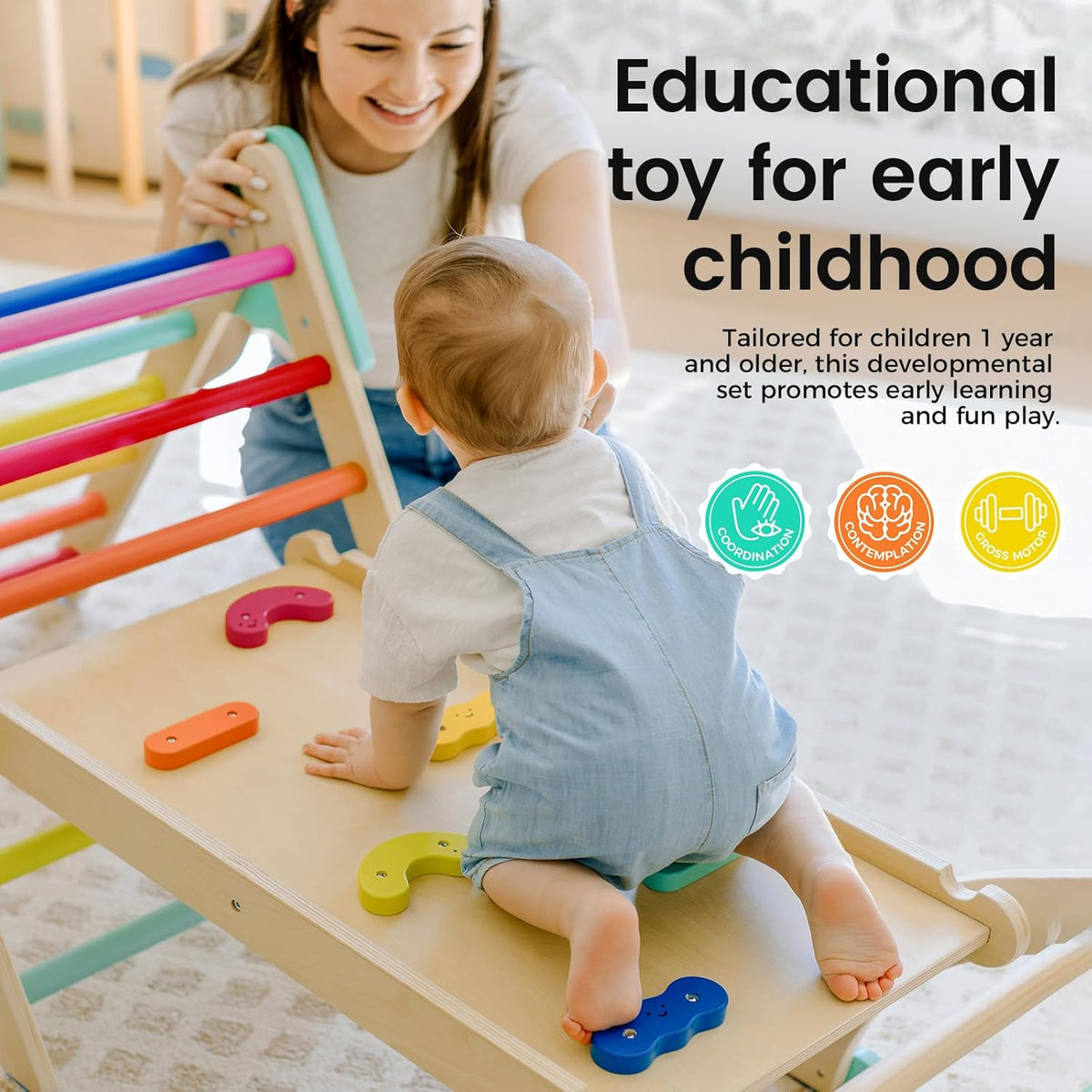 Tiny Land Pikler Triangle Set,7-in-1 Foldable Montessori Toddler Climbing Toys Indoor, Wooden