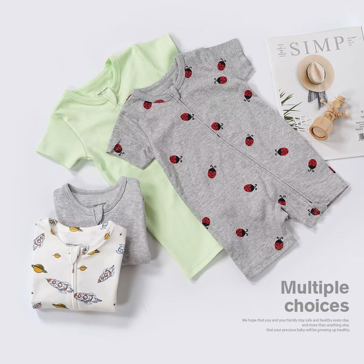 Teach Leanbh Unisex Baby 2 Pack Pajamas Cotton Short Sleeve 2 Way Zipper Printing Soild Romper