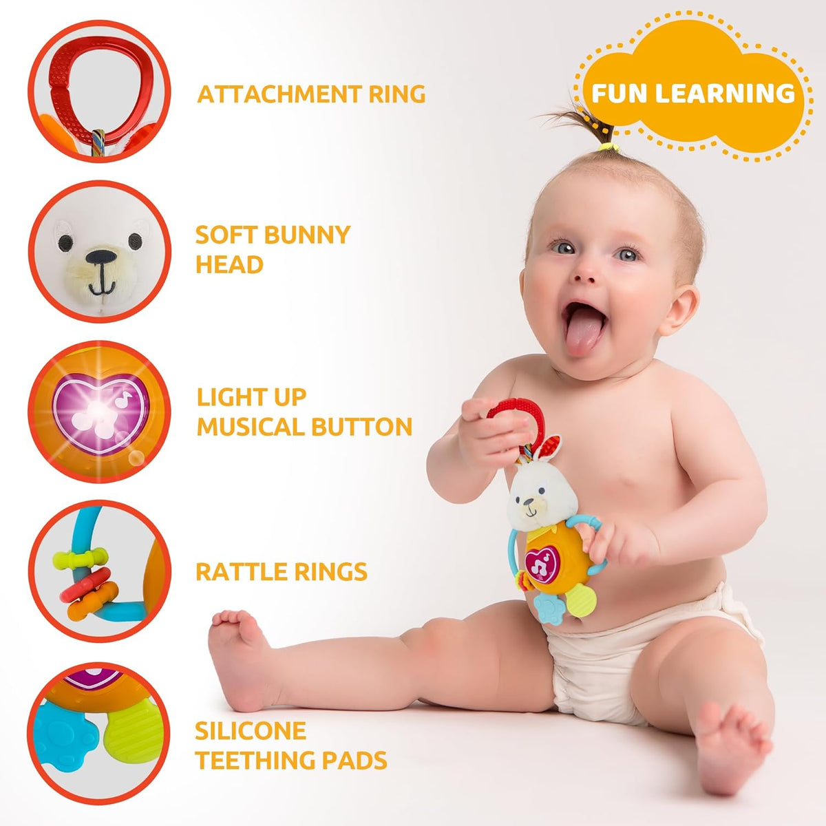 KiddoLab Bunny Teething & Rattle Musical Toy for Infants and Babies - Light-up, Sensory Chew &