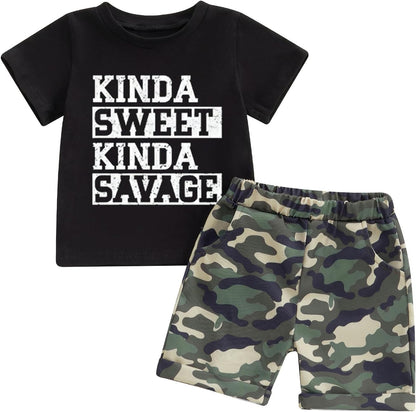 wdehow Toddler Kids Baby Boy Summer Clothes Sets 1T 2T 3T 4T 5T Letter Print Short Sleeve Tops