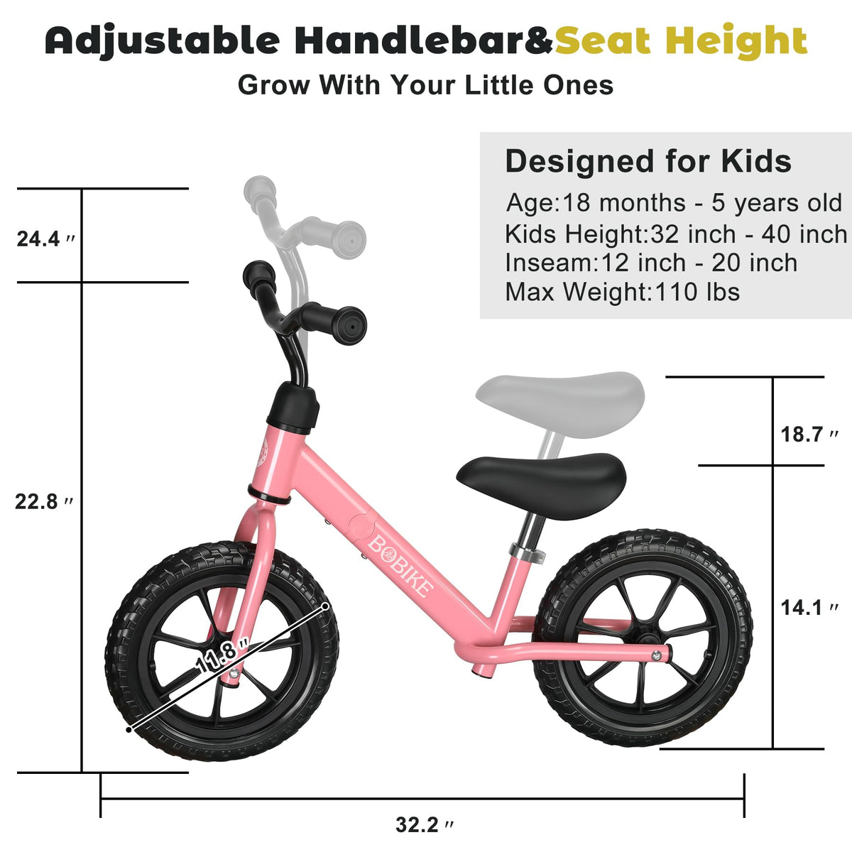 Bobike Toddler Balance Bike Toys for 2 to 5 Year Old Girls Boys Adjustable Seat and Handlebar