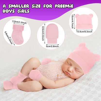 Cuffbow 4 Pcs Preemie Hats Mittens and Socks Set Preemie Mittens Warm Terry Socks for Baby