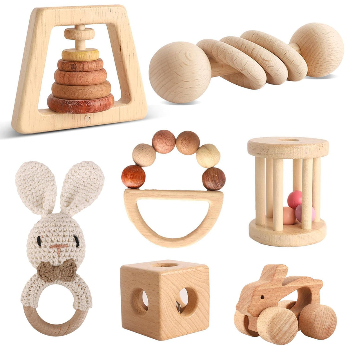 Wooden Toys for Babies, 7PCS Wooden Baby Rattle for 7-24 Months Boys Girls, Natural Wood Montessori