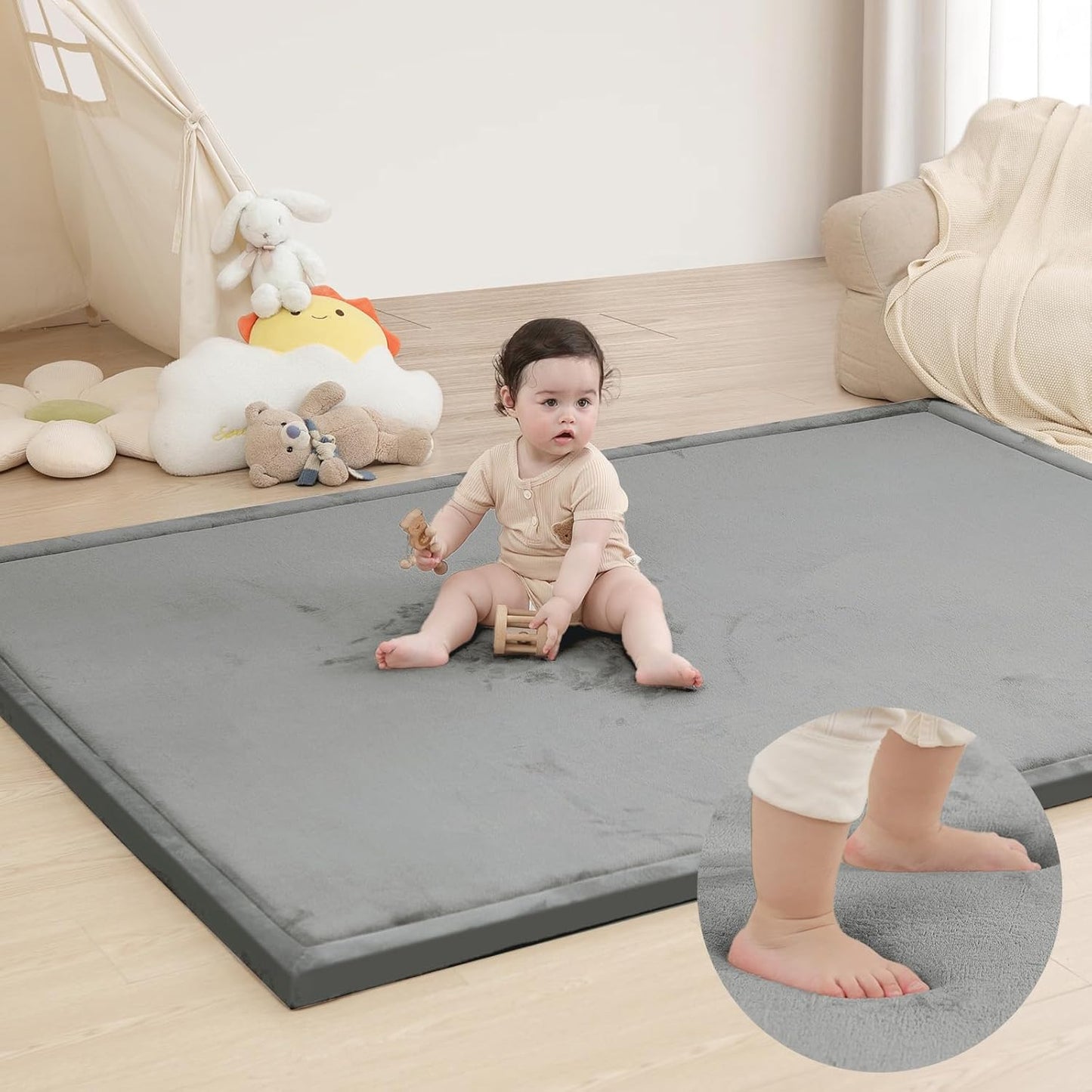 Baby Play Mat for Floor,1.3" Thick Memory foam Tummy Time Mat,79"×158“ Extra Large Soft Velvet
