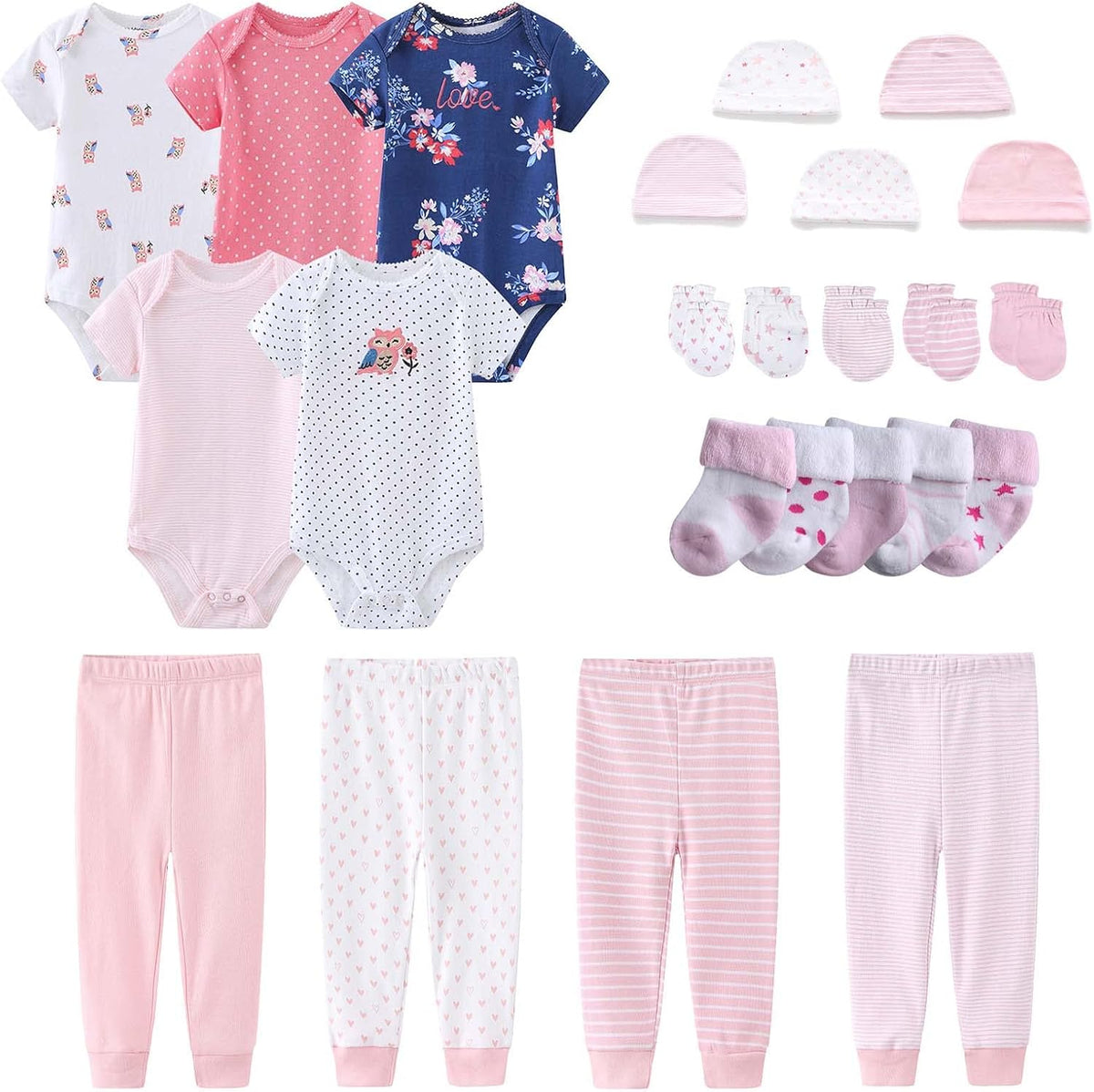 Newborn Layette Gift Set Bodysuits Pants for Baby Girl and Boy 24 Piece 100% Cotton Essentials and