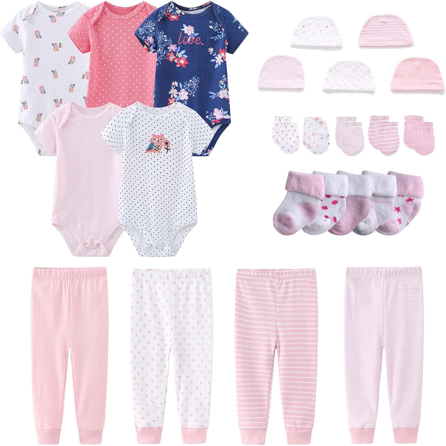 Newborn Layette Gift Set Bodysuits Pants for Baby Girl and Boy 24 Piece 100% Cotton Essentials and
