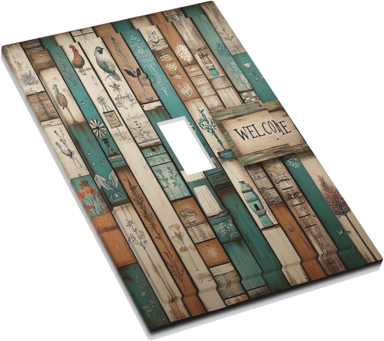 Decorative Light Switch Cover Vintage Wood Brown Turquoise Splicing 1 Gang Single Toggle Device