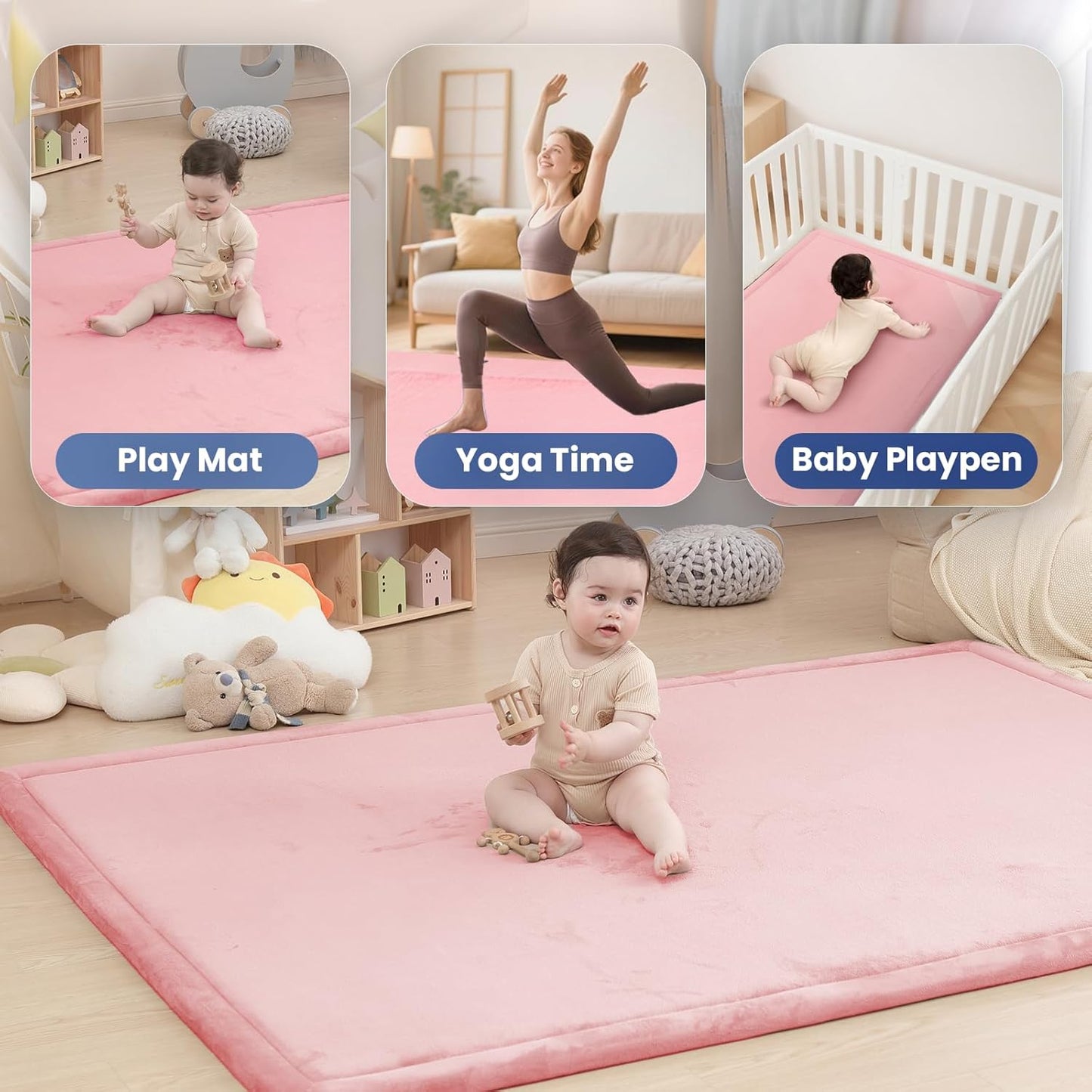 Baby Play Mat for Floor,1.3" Thick Memory Foam Tummy Time Mat for Toddlers,Infants,Kids,Soft Coral