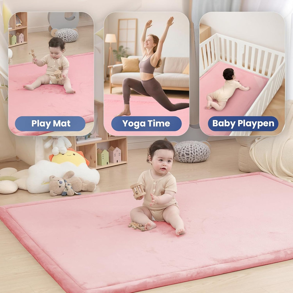 Baby Play Mat for Floor,1.3" Thick Memory Foam Tummy Time Mat for Toddlers,Infants,Kids,Soft Coral