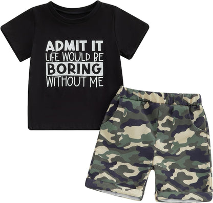 wdehow Toddler Kids Baby Boy Summer Clothes Sets 1T 2T 3T 4T 5T Letter Print Short Sleeve Tops
